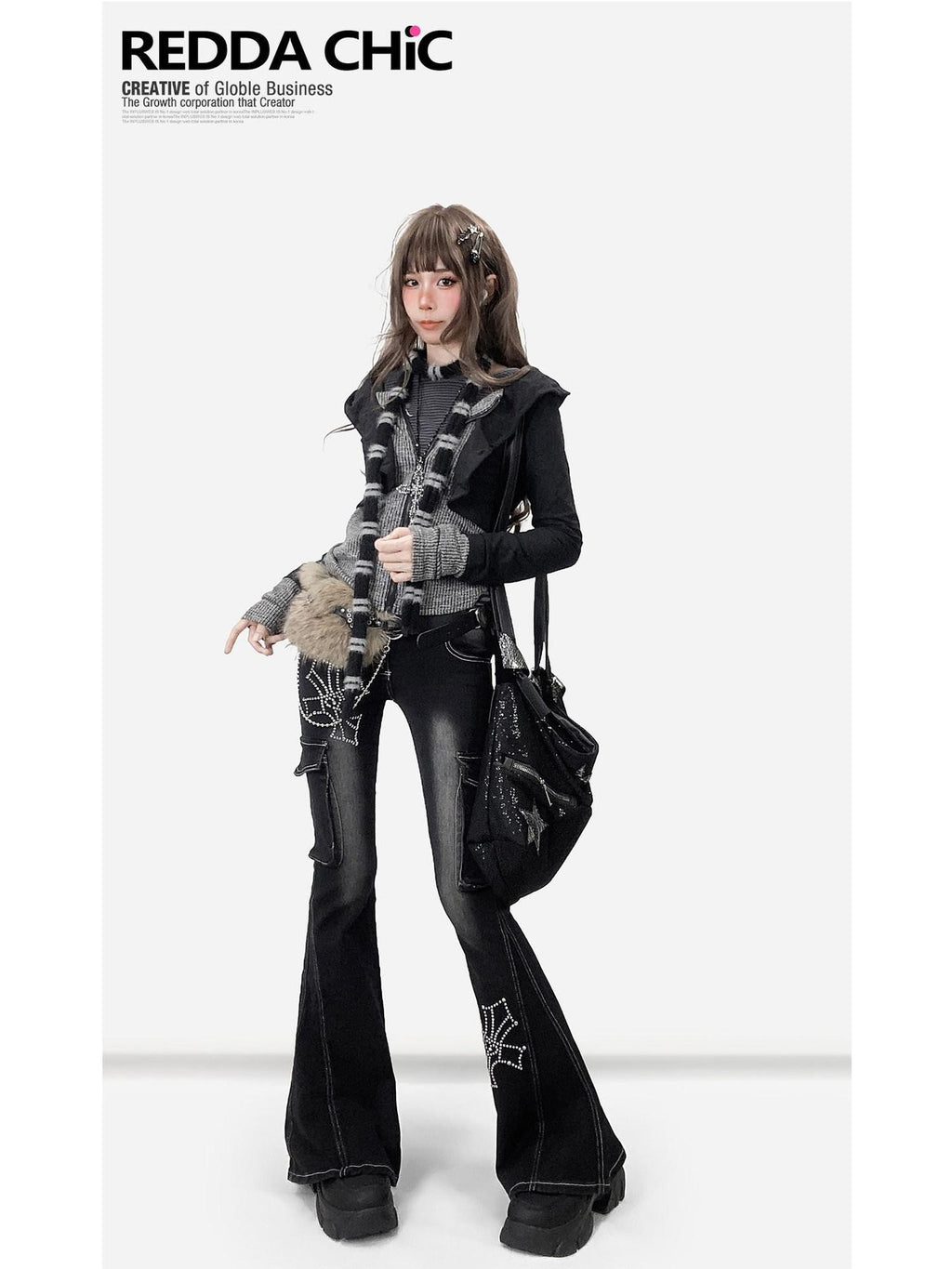 REDDACHIC Subculture Hooded Faux Two Piece Black Spliced Slim Fit Women'S Cardigans