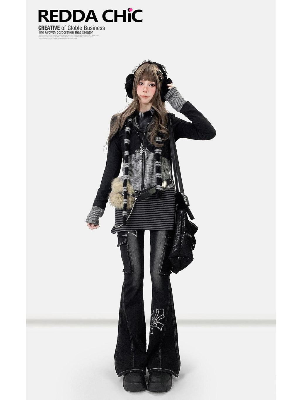 REDDACHIC Subculture Hooded Faux Two Piece Black Spliced Slim Fit Women'S Cardigans