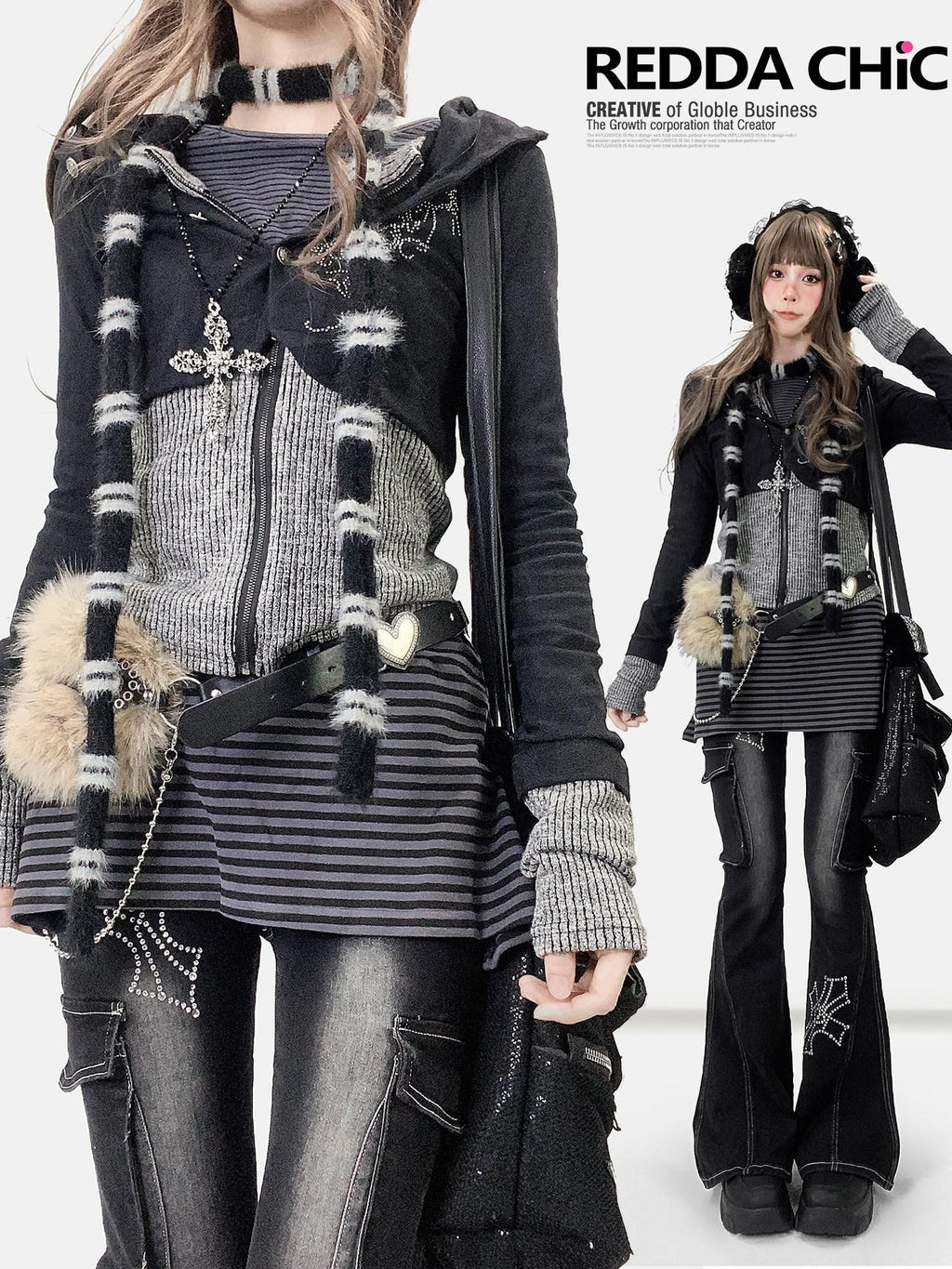 REDDACHIC Subculture Hooded Faux Two Piece Black Spliced Slim Fit Women'S Cardigans