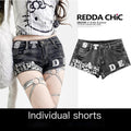 REDDACHIC_Subculture_Leopard_Patchwork_Letter_Applique_Women'S_Black_Grey_Denim_Shorts_MISSTT