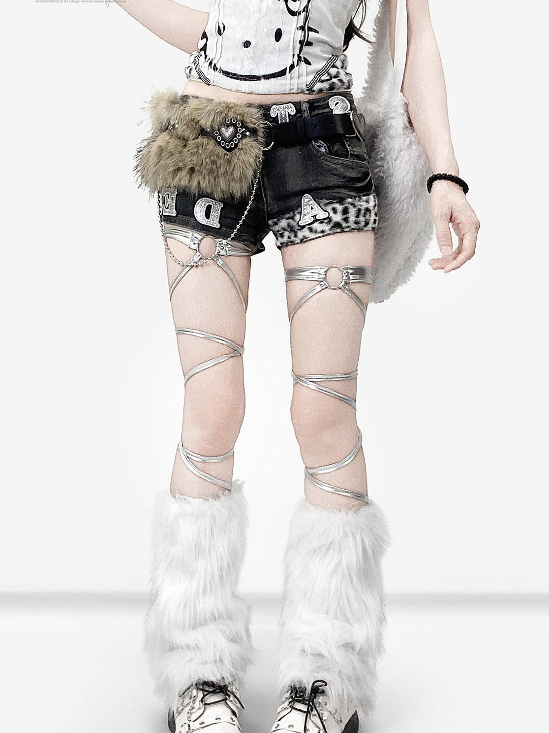 REDDACHIC Subculture Leopard Patchwork Letter Applique Women'S Black Grey Denim Shorts