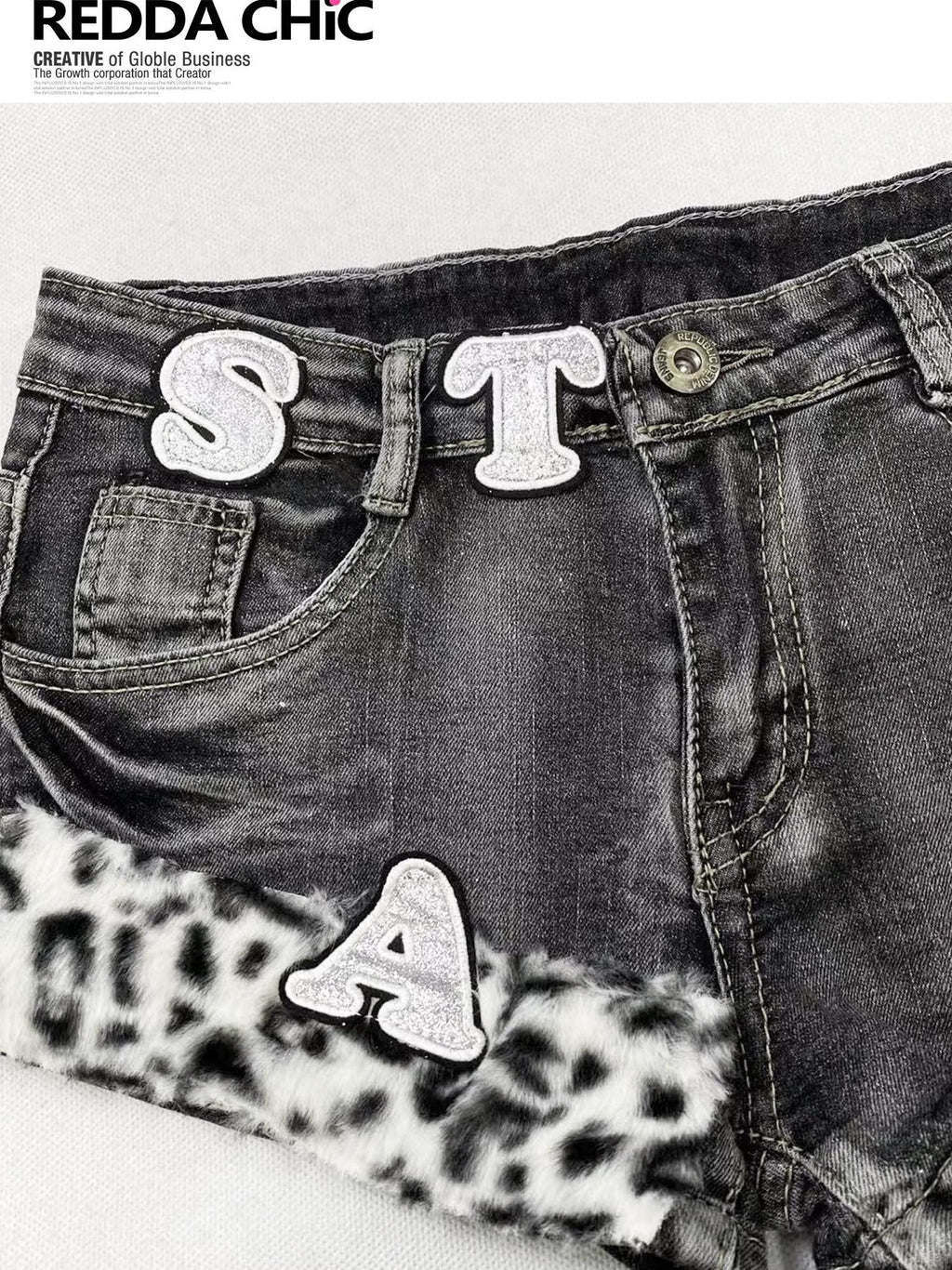 REDDACHIC Subculture Leopard Patchwork Letter Applique Women'S Black Grey Denim Shorts