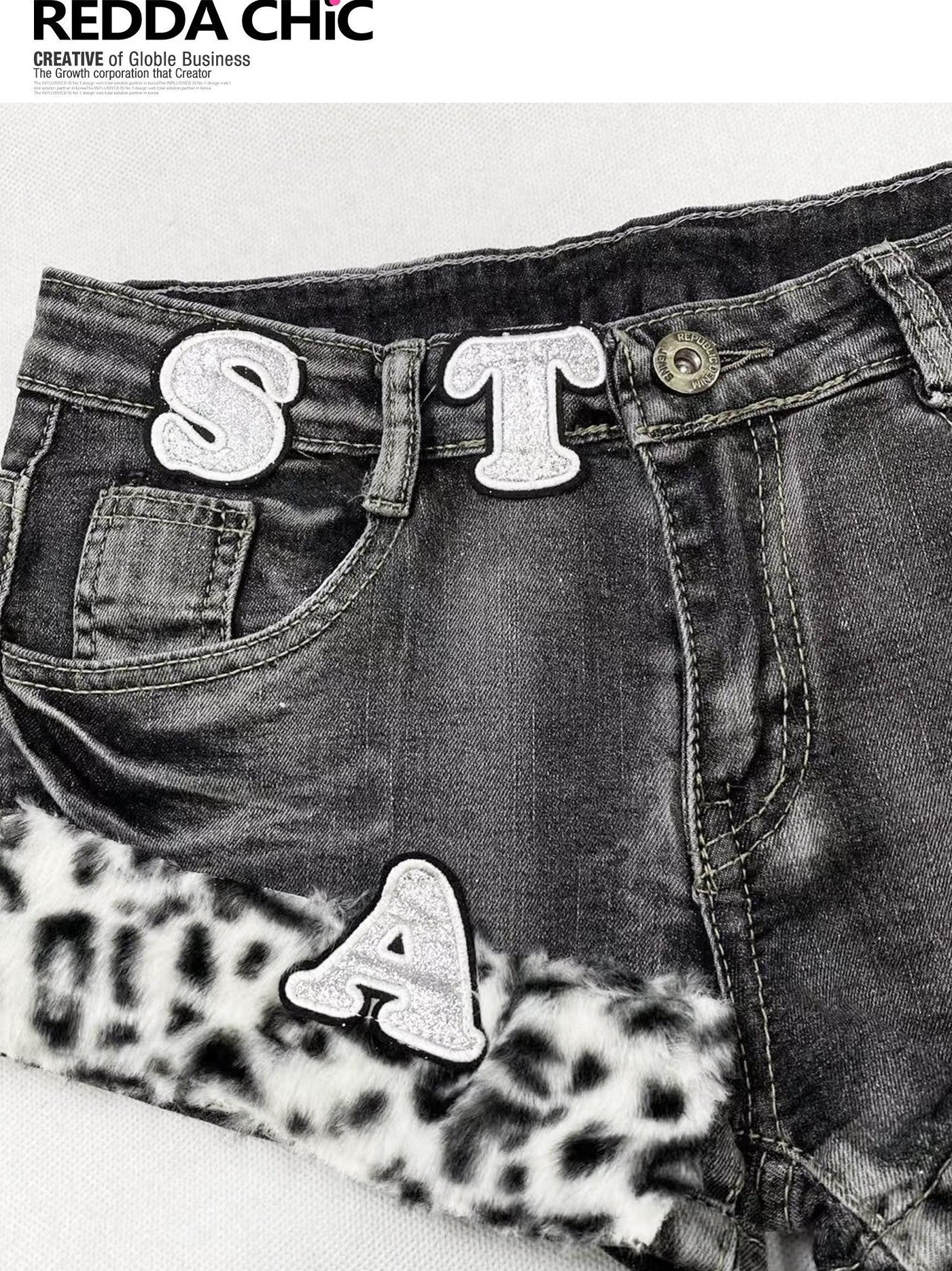 REDDACHIC Subculture Leopard Patchwork Letter Applique Women'S Black Grey Denim Shorts
