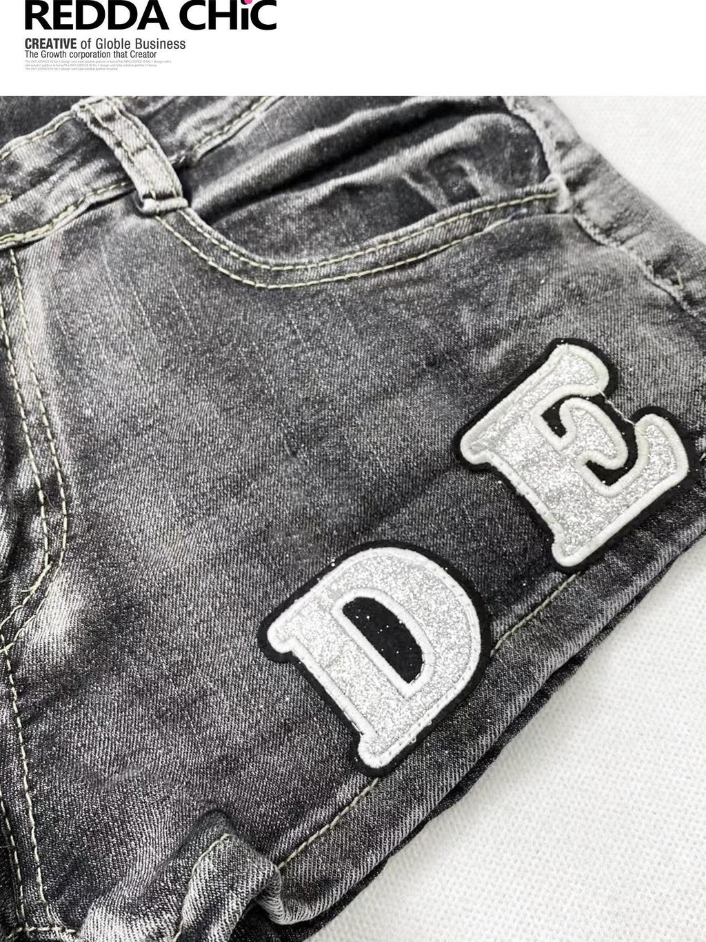 REDDACHIC Subculture Leopard Patchwork Letter Applique Women'S Black Grey Denim Shorts