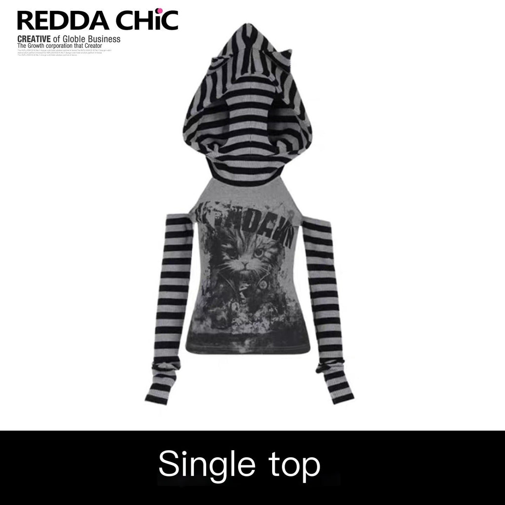REDDACHIC_Subculture_Striped_Patchwork_Print_Women'S_Dark_Gray_Long_Sleeve_T-Shirts_MISSTT