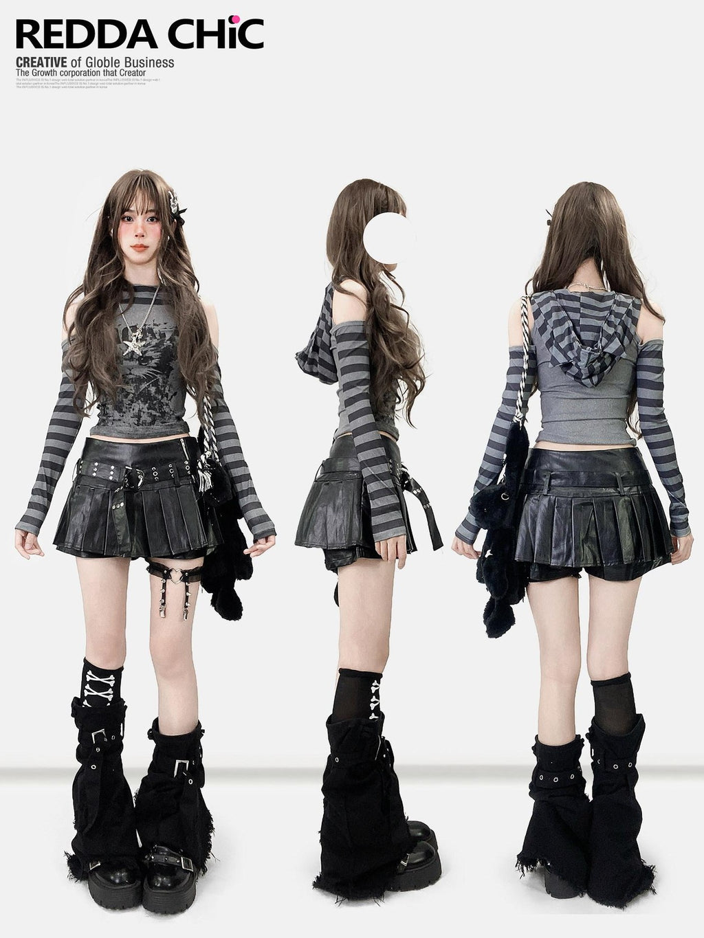 REDDACHIC Subculture Striped Patchwork Print Women'S Dark Gray Long Sleeve T-Shirts
