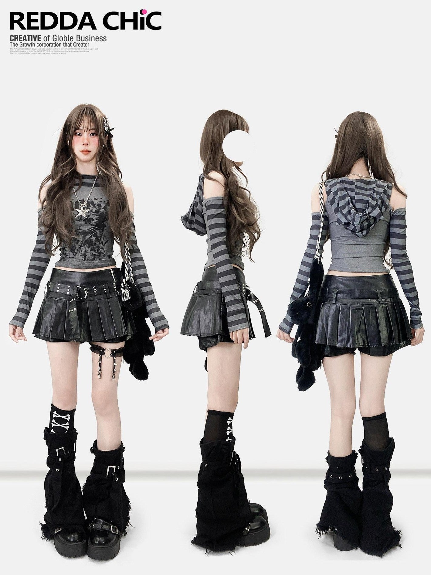 REDDACHIC Subculture Striped Patchwork Print Women'S Dark Gray Long Sleeve T-Shirts