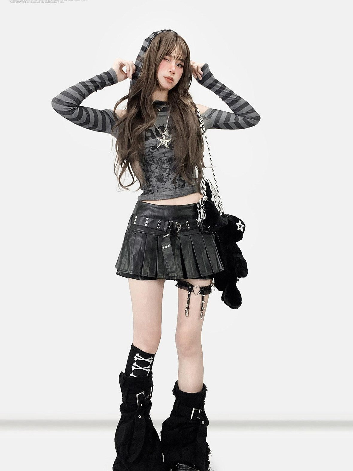 REDDACHIC Subculture Striped Patchwork Print Women'S Dark Gray Long Sleeve T-Shirts