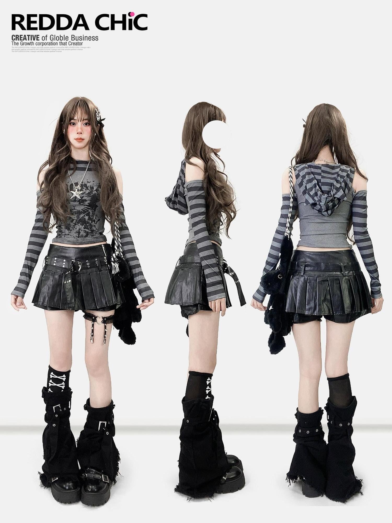 REDDACHIC Subculture Striped Patchwork Print Women'S Dark Gray Long Sleeve T-Shirts