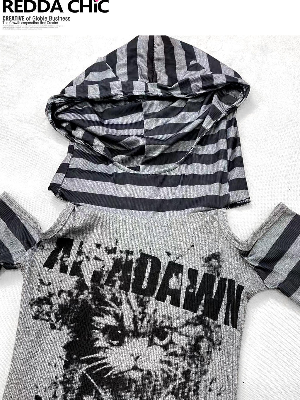 REDDACHIC Subculture Striped Patchwork Print Women'S Dark Gray Long Sleeve T-Shirts