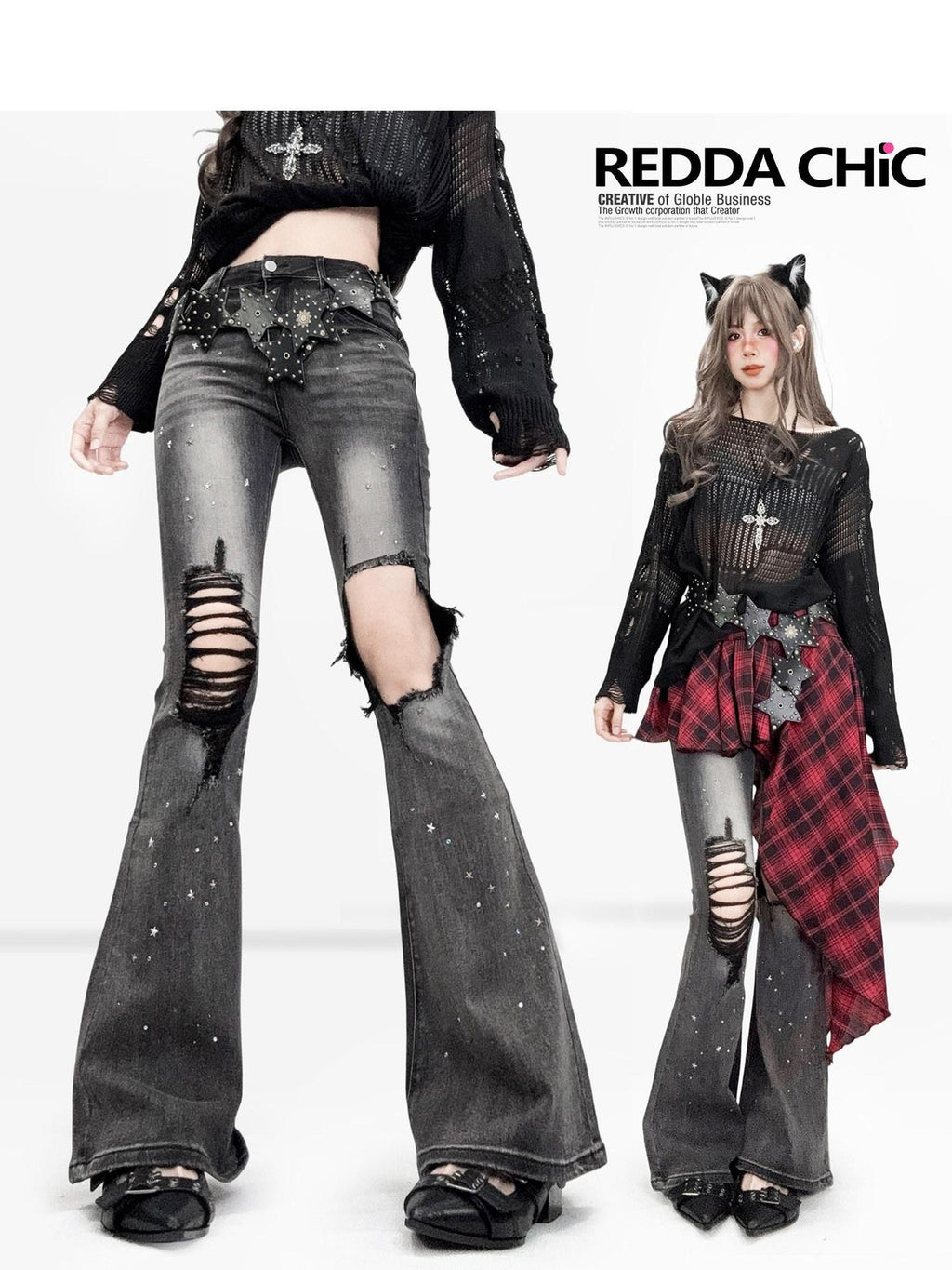REDDACHIC Sweet Spicy Ripped Rhinestone Slim Women'S Cotton Stretch Denim Flare Jeans