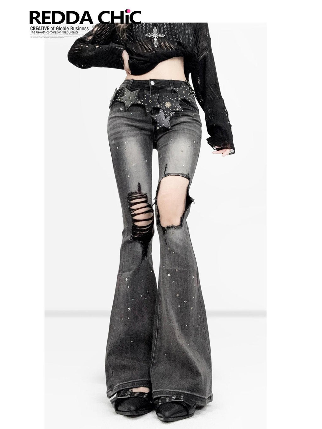 REDDACHIC Sweet Spicy Ripped Rhinestone Slim Women'S Cotton Stretch Denim Flare Jeans