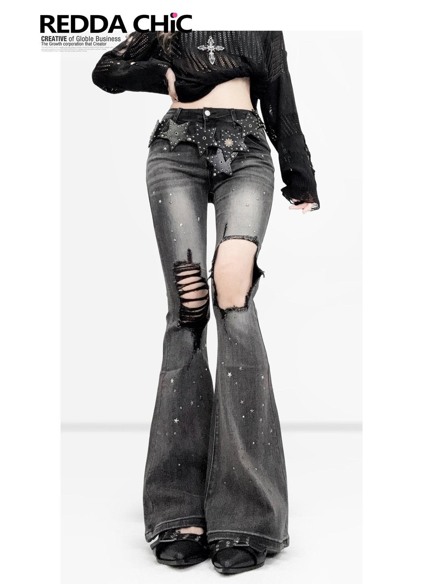 REDDACHIC Sweet Spicy Ripped Rhinestone Slim Women'S Cotton Stretch Denim Flare Jeans