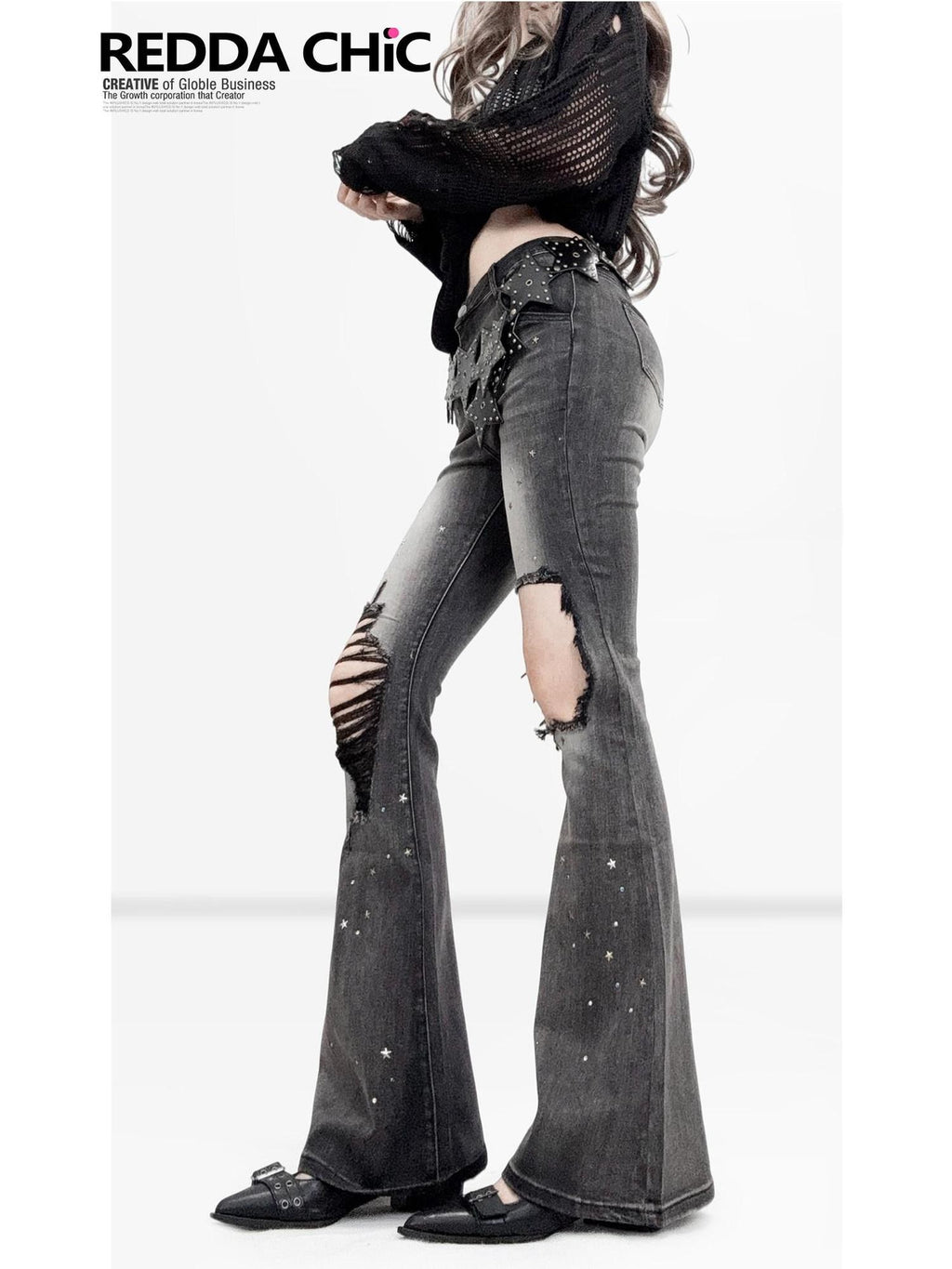 REDDACHIC Sweet Spicy Ripped Rhinestone Slim Women'S Cotton Stretch Denim Flare Jeans
