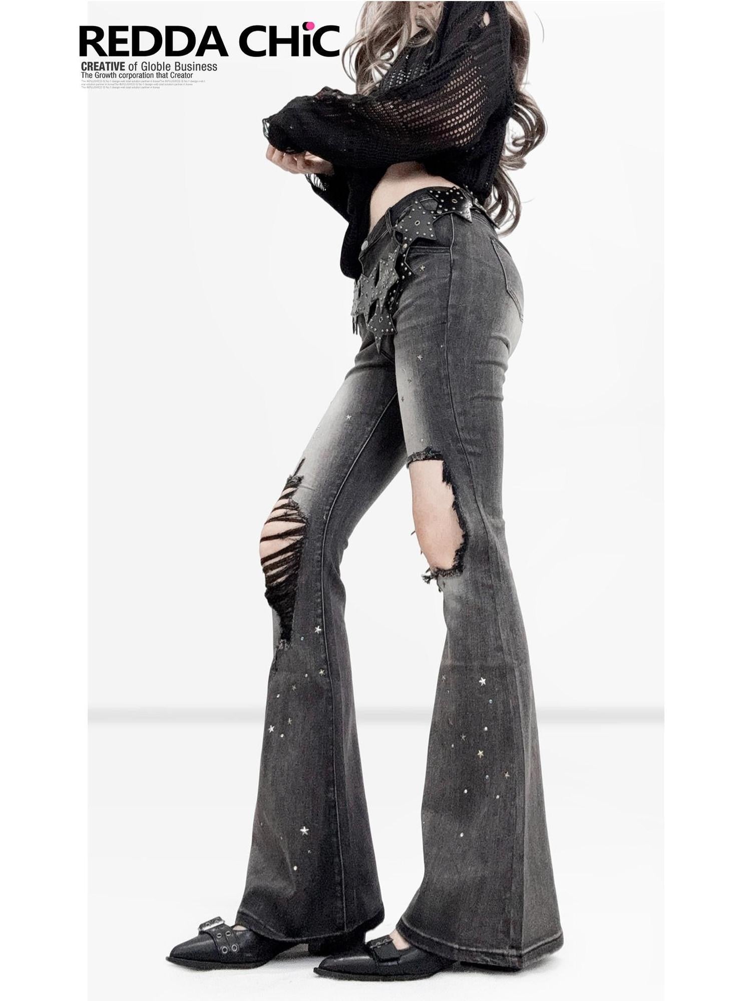 REDDACHIC Sweet Spicy Ripped Rhinestone Slim Women'S Cotton Stretch Denim Flare Jeans