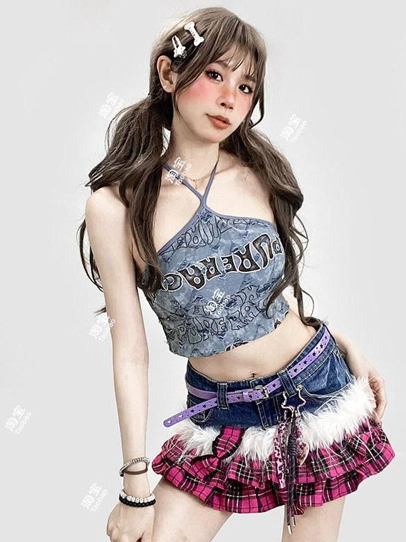 REDDACHIC Tie Dye Letter Print Halterneck Padded Women'S Slim Cropped Camisoles
