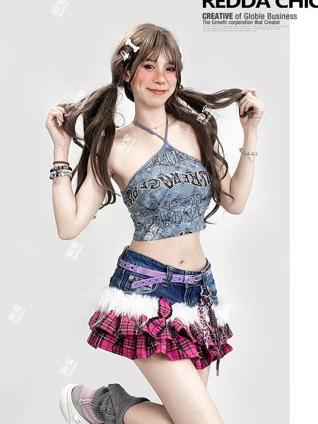 REDDACHIC Tie Dye Letter Print Halterneck Padded Women'S Slim Cropped Camisoles