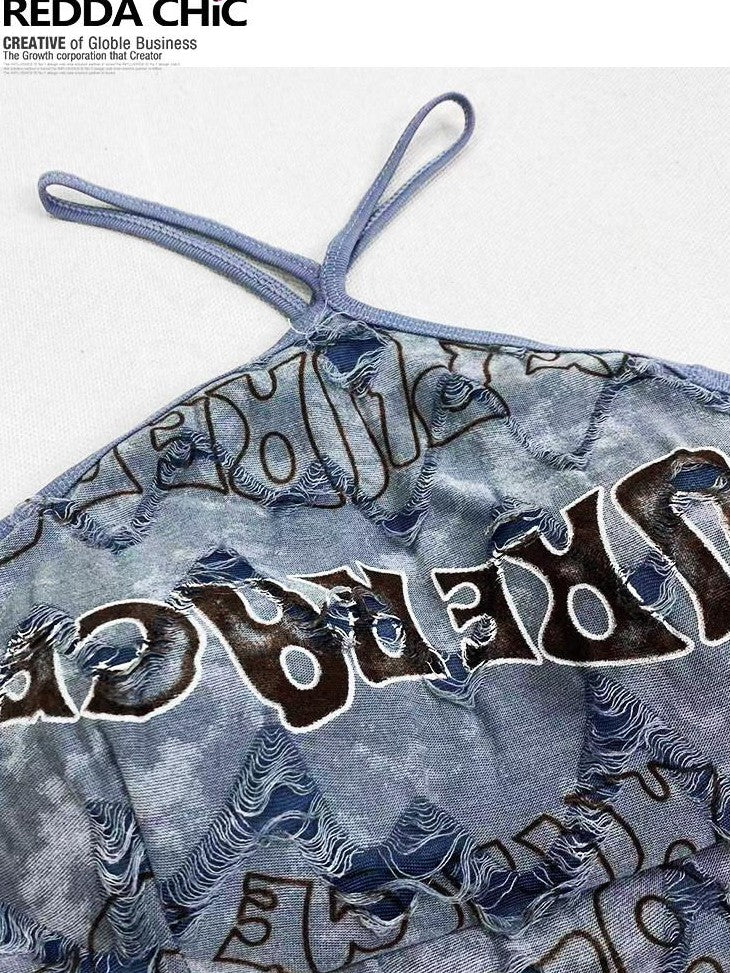 REDDACHIC Tie Dye Letter Print Halterneck Padded Women'S Slim Cropped Camisoles