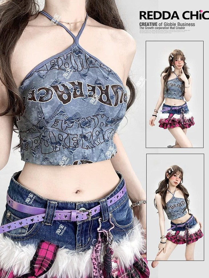 REDDACHIC Tie Dye Letter Print Halterneck Padded Women'S Slim Cropped Camisoles