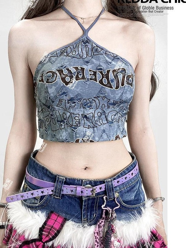 REDDACHIC Tie Dye Letter Print Halterneck Padded Women'S Slim Cropped Camisoles