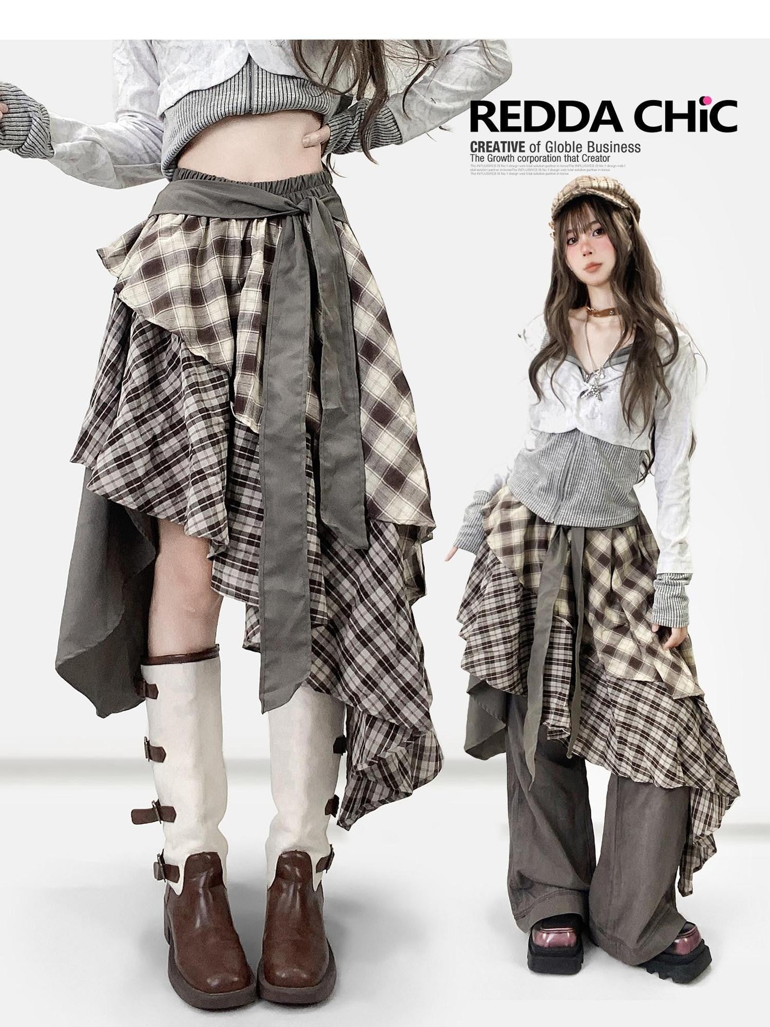 REDDACHIC Vintage Brown Plaid Asymmetrical Patchwork Ruffle Tiered Women'S Maxi Skirts
