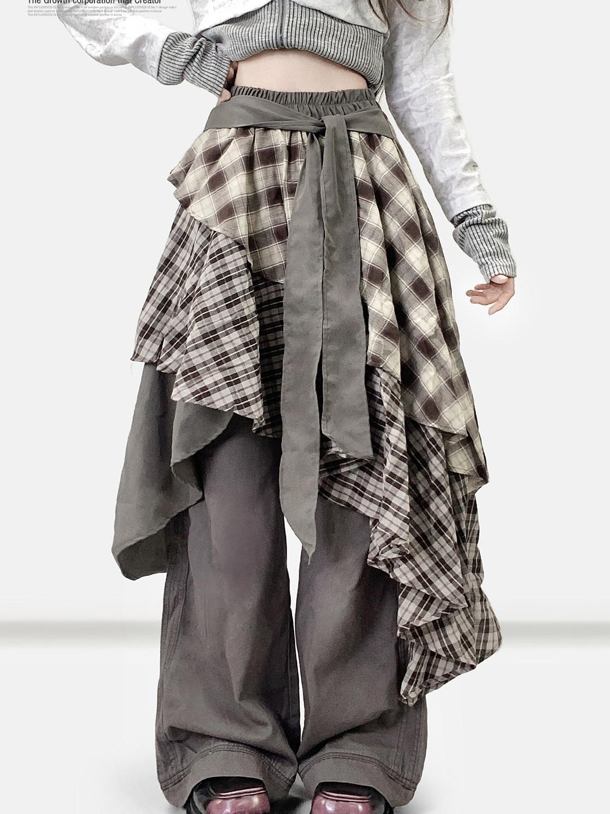 REDDACHIC Vintage Brown Plaid Asymmetrical Patchwork Ruffle Tiered Women'S Maxi Skirts