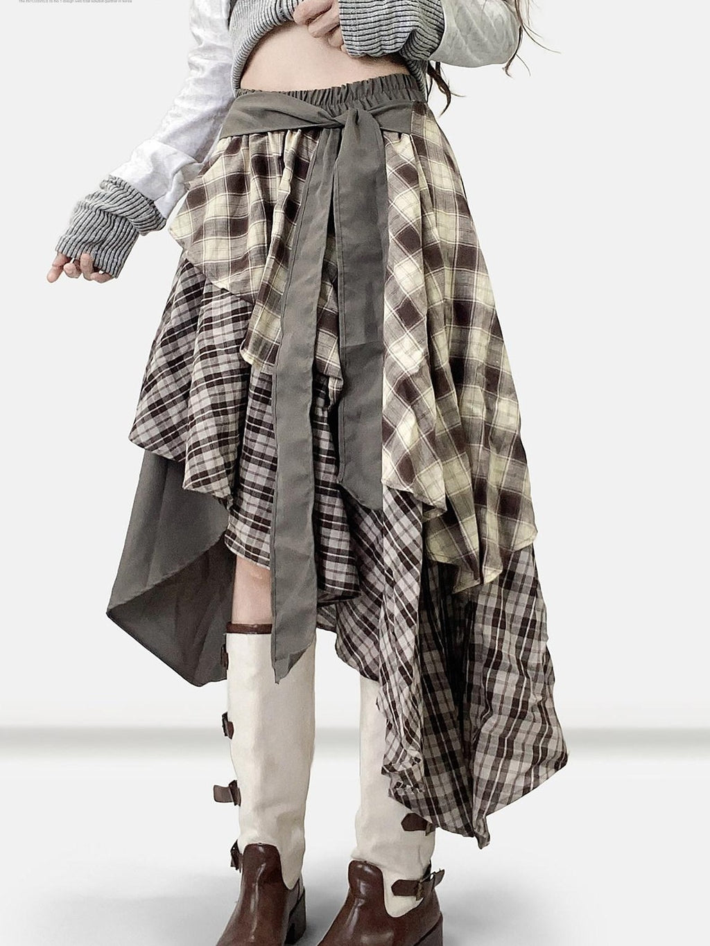 REDDACHIC Vintage Brown Plaid Asymmetrical Patchwork Ruffle Tiered Women'S Maxi Skirts