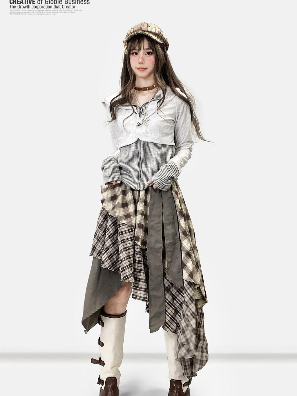 REDDACHIC Vintage Brown Plaid Asymmetrical Patchwork Ruffle Tiered Women'S Maxi Skirts