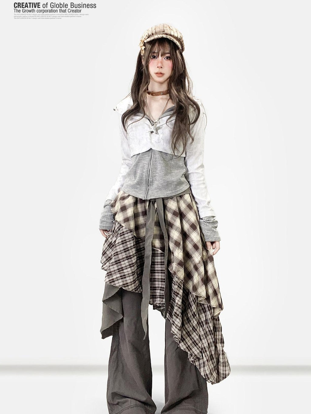 REDDACHIC Vintage Brown Plaid Asymmetrical Patchwork Ruffle Tiered Women'S Maxi Skirts
