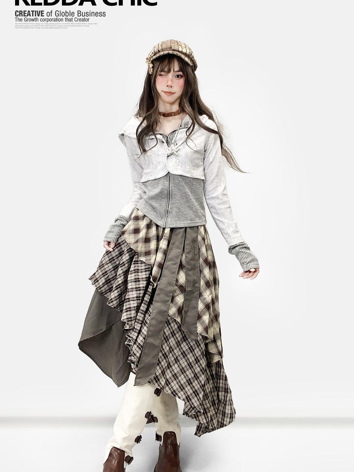 REDDACHIC Vintage Brown Plaid Asymmetrical Patchwork Ruffle Tiered Women'S Maxi Skirts