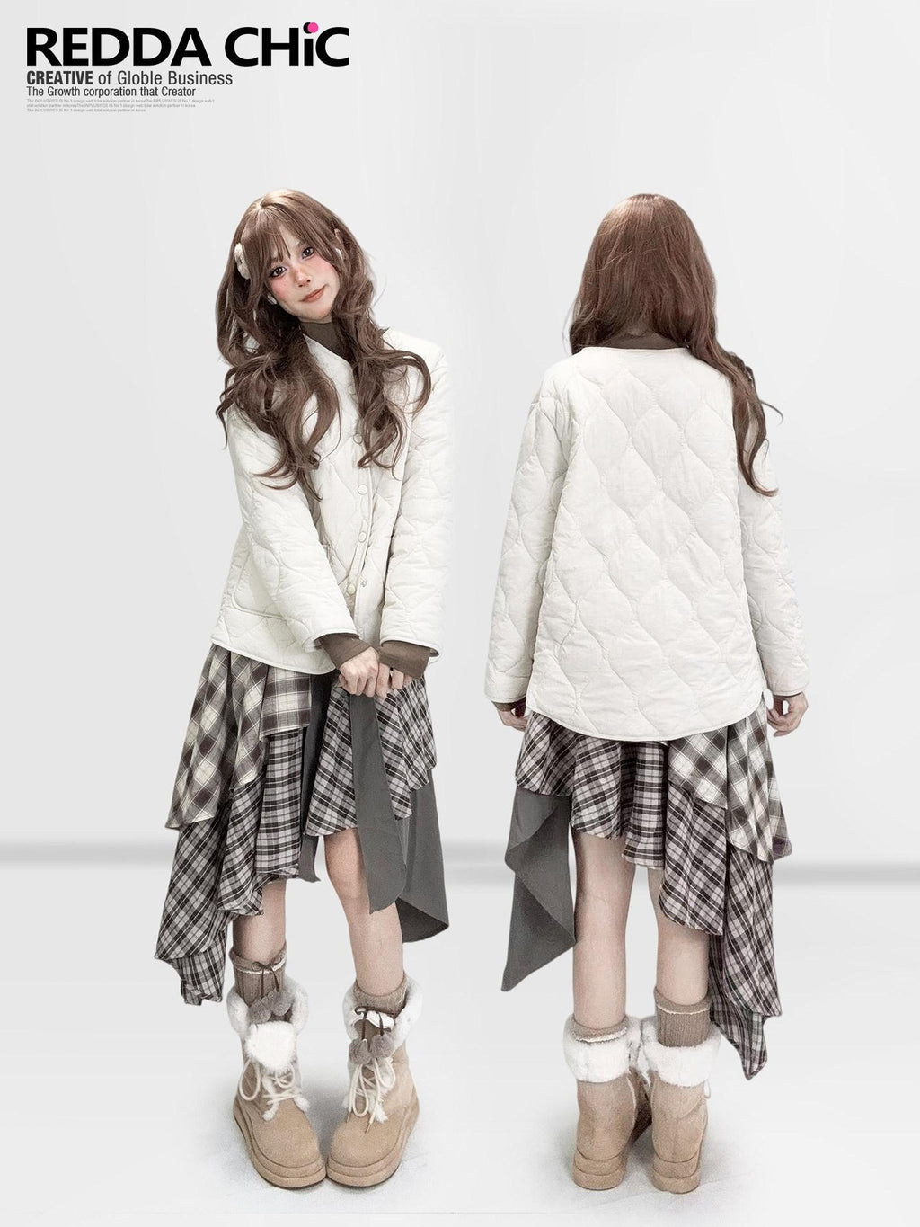 REDDACHIC Vintage Brown Plaid Asymmetrical Patchwork Ruffle Tiered Women'S Maxi Skirts