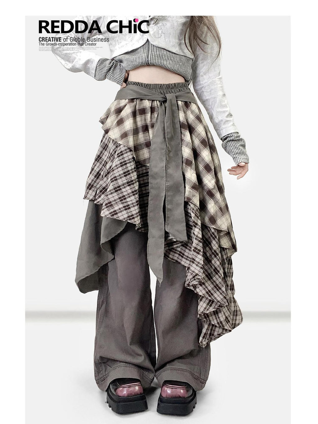 REDDACHIC Vintage Brown Plaid Asymmetrical Patchwork Ruffle Tiered Women'S Maxi Skirts
