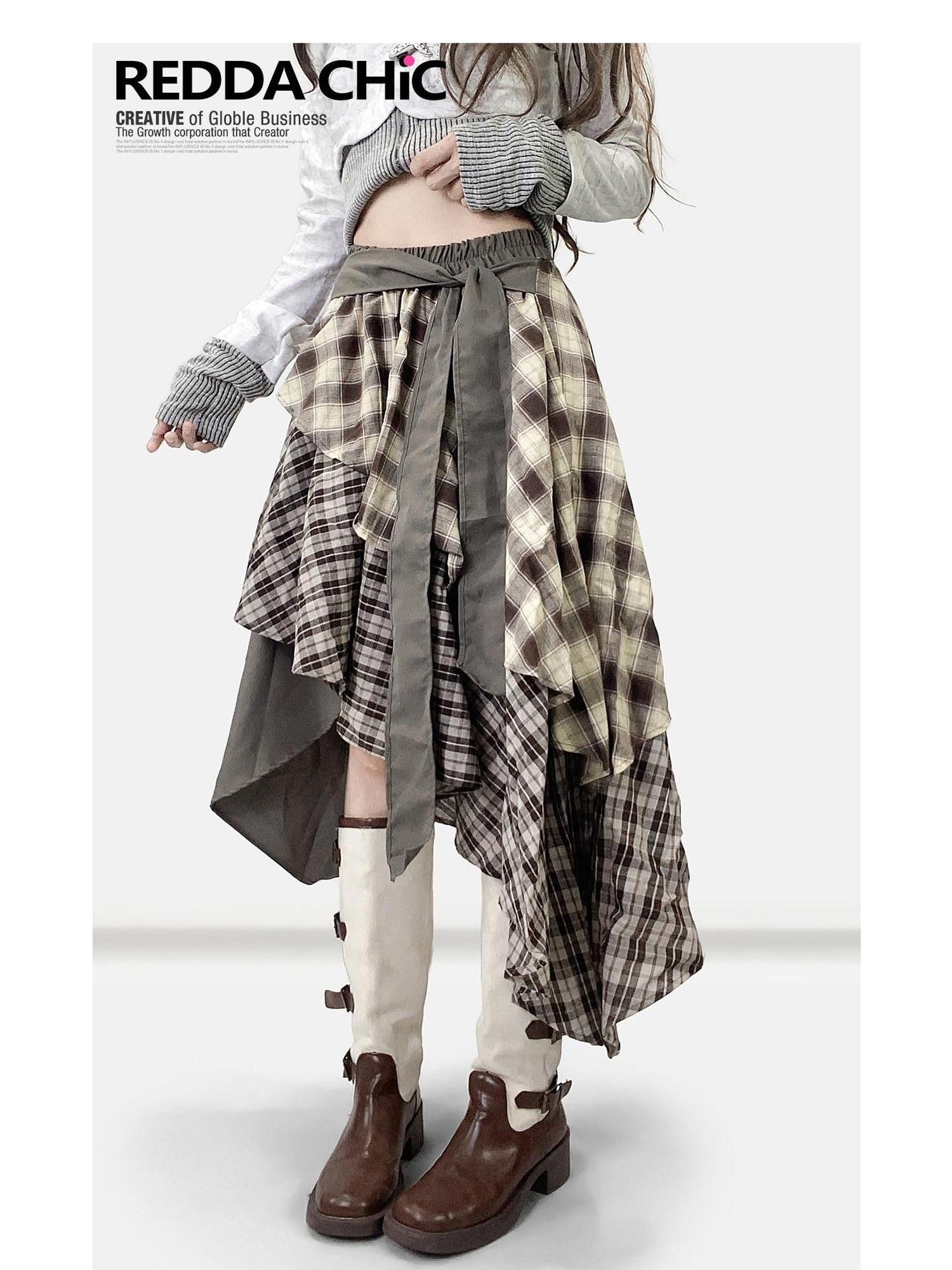 REDDACHIC Vintage Brown Plaid Asymmetrical Patchwork Ruffle Tiered Women'S Maxi Skirts