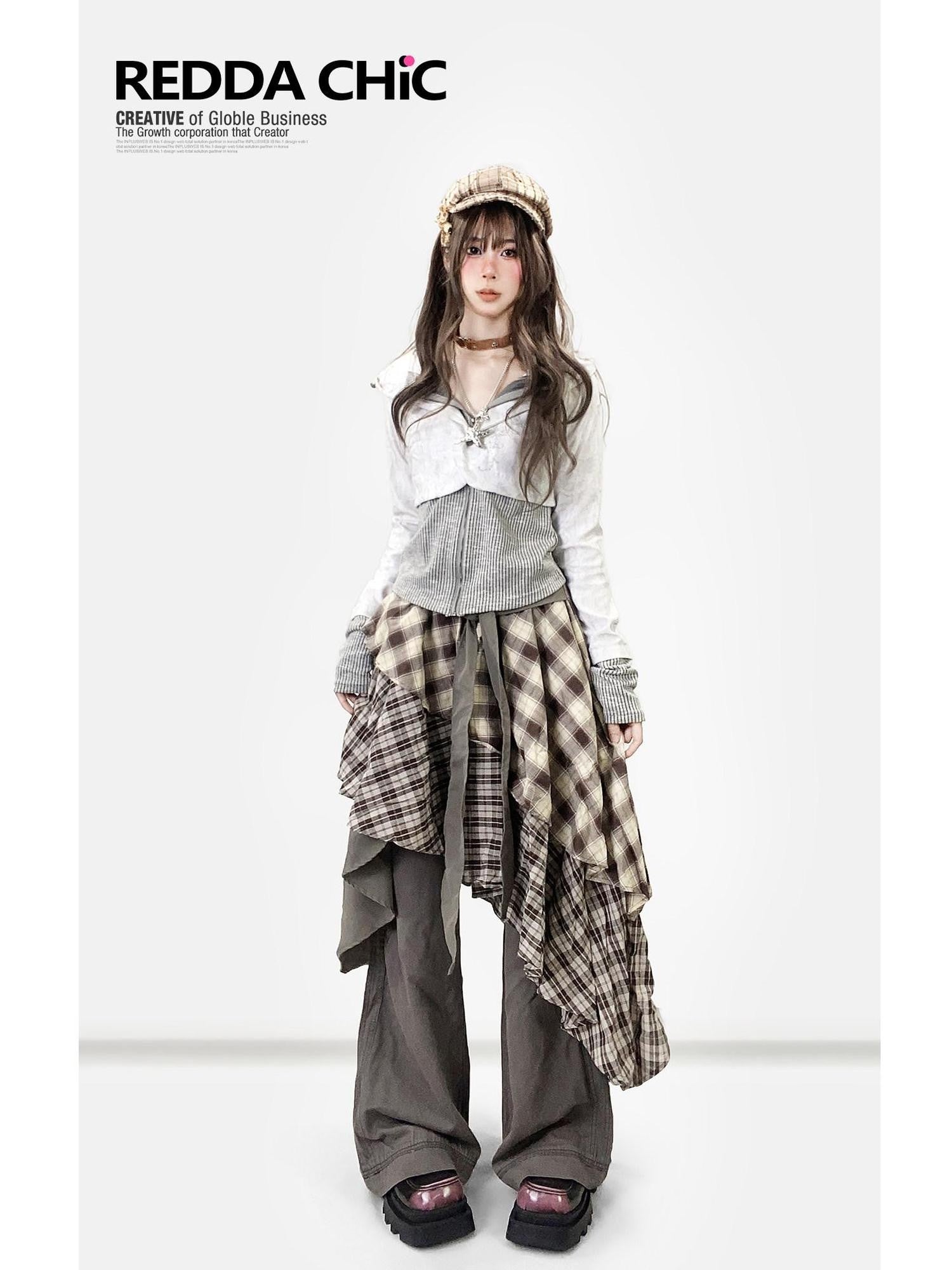 REDDACHIC Vintage Brown Plaid Asymmetrical Patchwork Ruffle Tiered Women'S Maxi Skirts