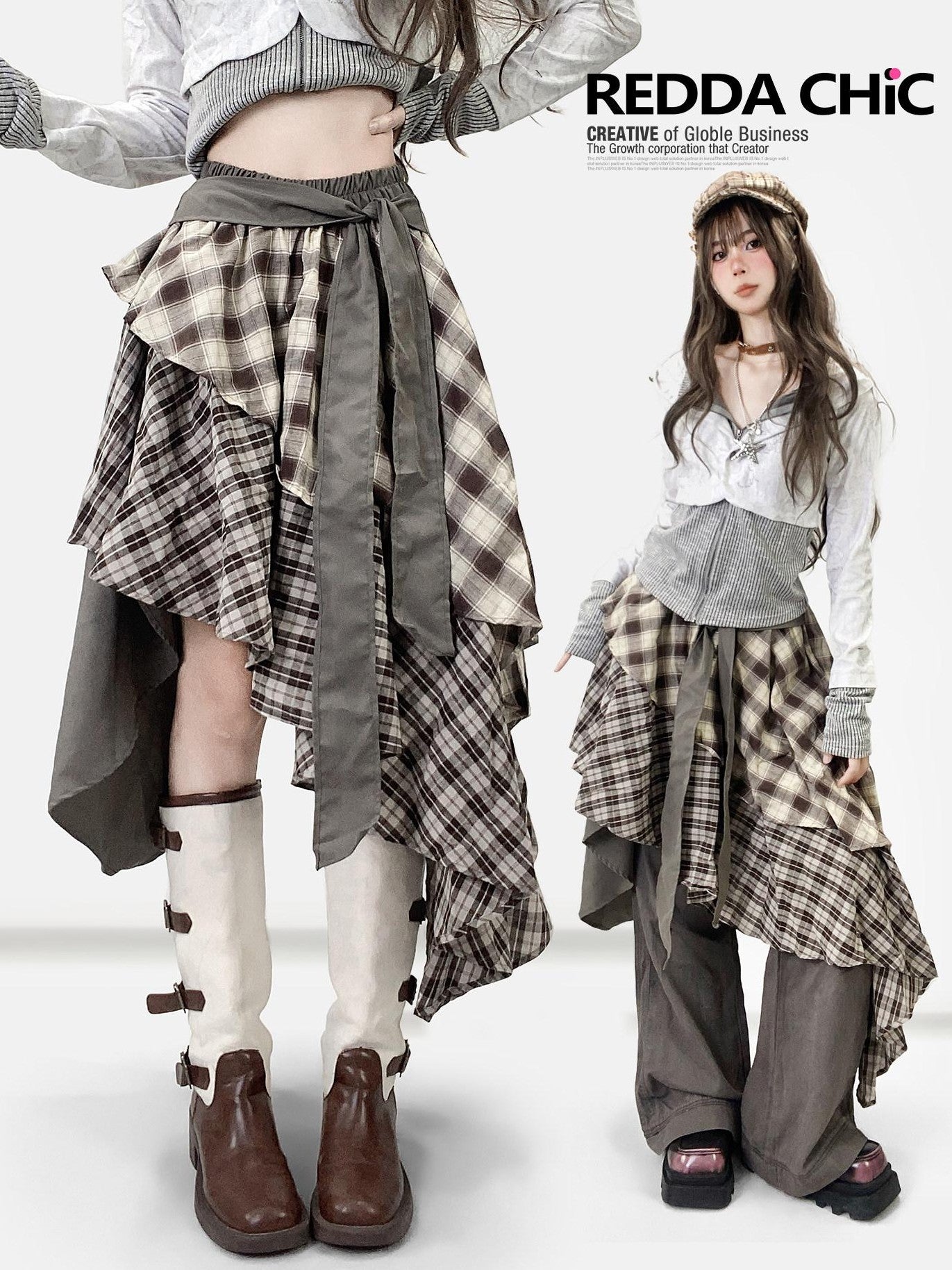 REDDACHIC Vintage Brown Plaid Asymmetrical Patchwork Ruffle Tiered Women'S Maxi Skirts