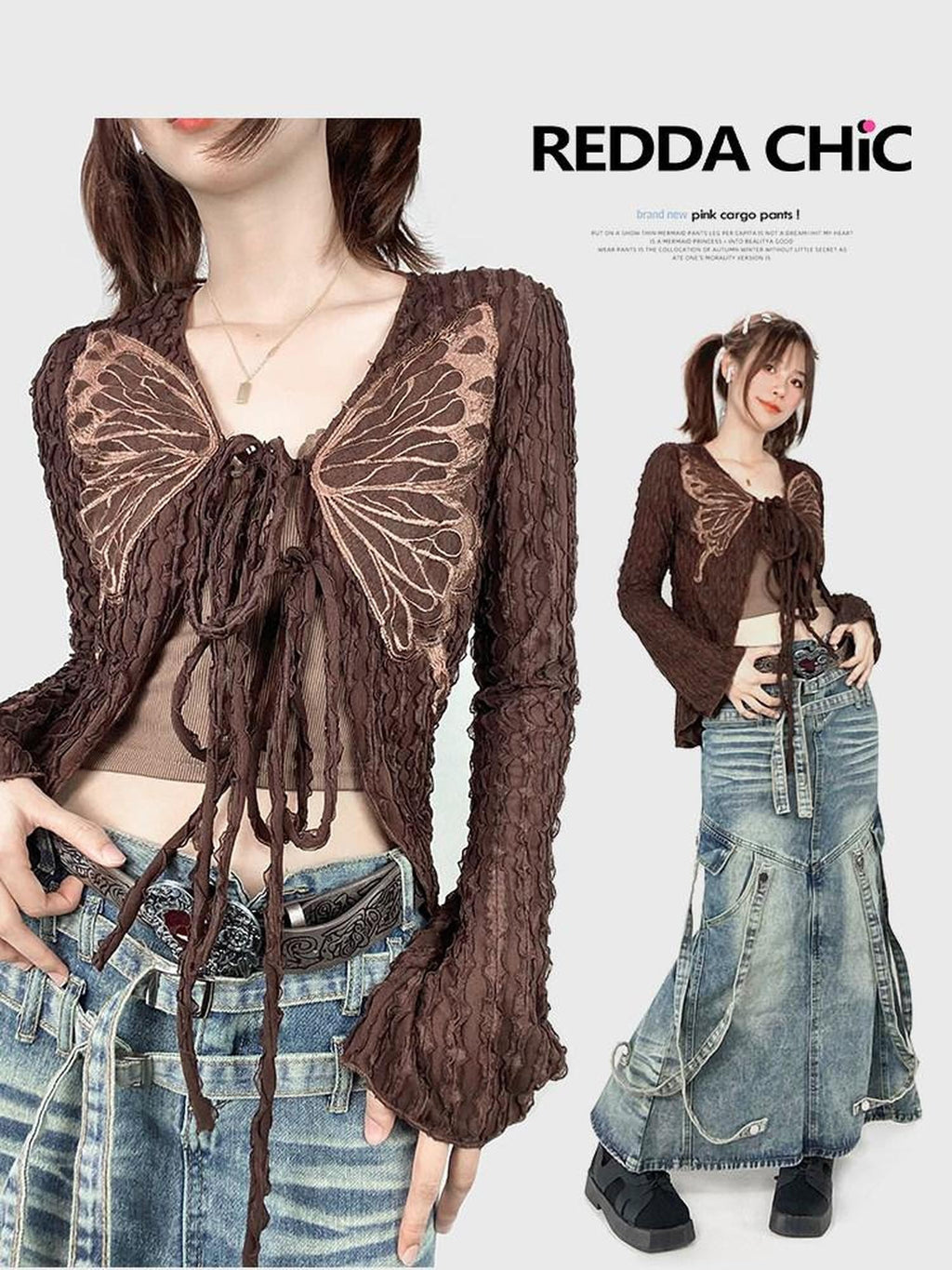 REDDACHIC Vintage Butterfly Applique Tie Slim Long Sleeve Women'S Mesh Cardigans