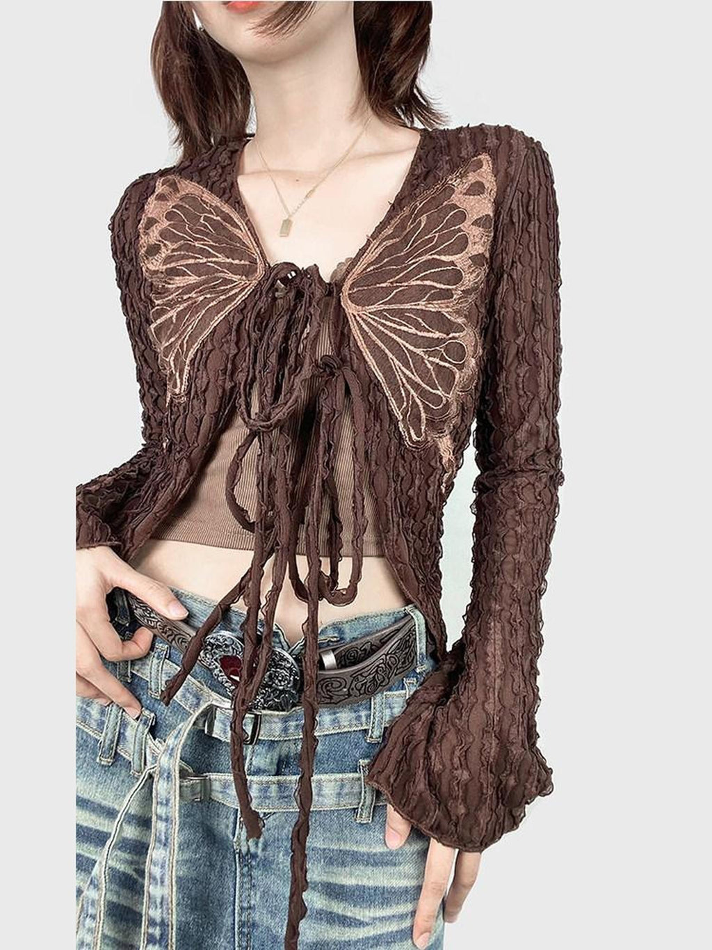 REDDACHIC Vintage Butterfly Applique Tie Slim Long Sleeve Women'S Mesh Cardigans