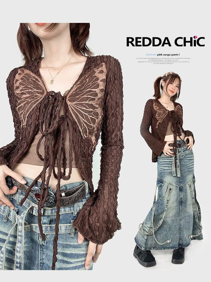 REDDACHIC Vintage Butterfly Applique Tie Slim Long Sleeve Women'S Mesh Cardigans