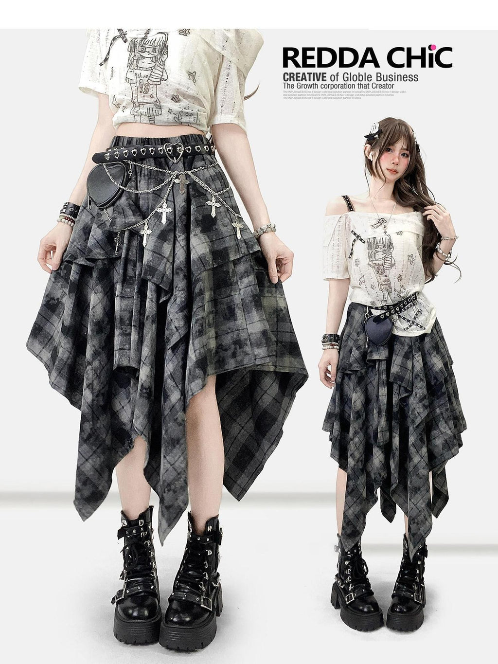 REDDACHIC Vintage Dark Plaid Ruffle Asymmetric Tie Dye Women'S Maxi Skirts
