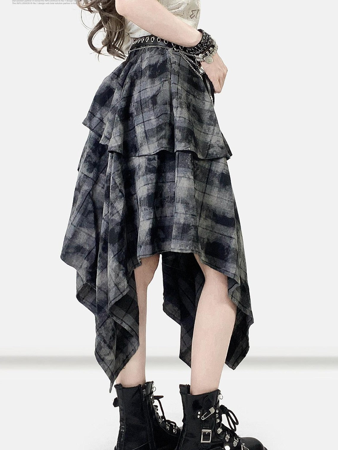 REDDACHIC Vintage Dark Plaid Ruffle Asymmetric Tie Dye Women'S Maxi Skirts