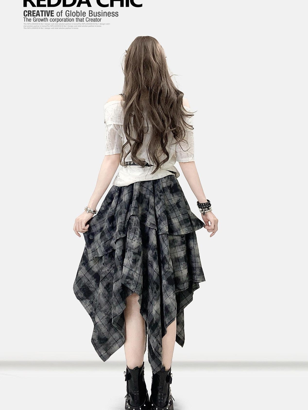 REDDACHIC Vintage Dark Plaid Ruffle Asymmetric Tie Dye Women'S Maxi Skirts