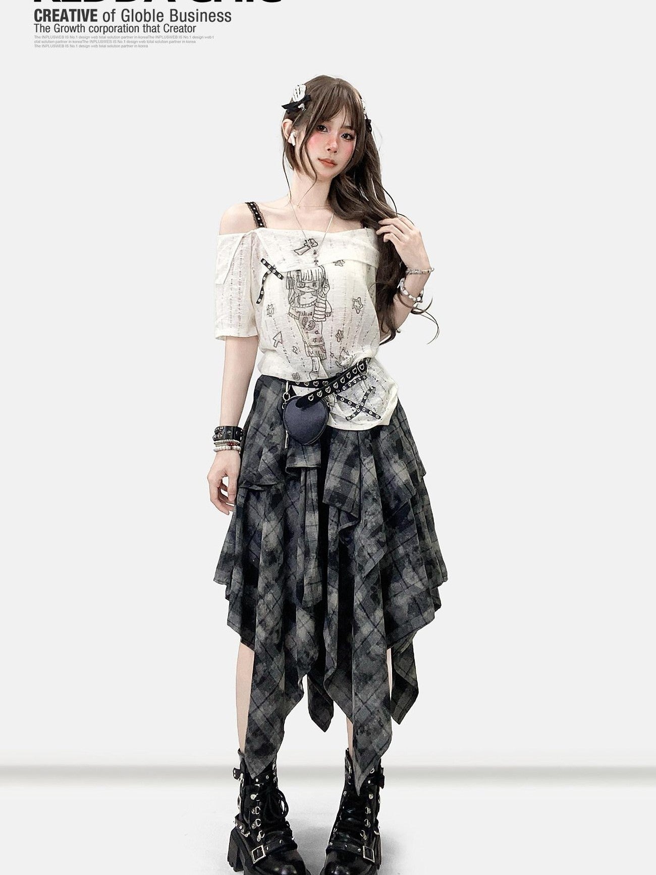 REDDACHIC Vintage Dark Plaid Ruffle Asymmetric Tie Dye Women'S Maxi Skirts