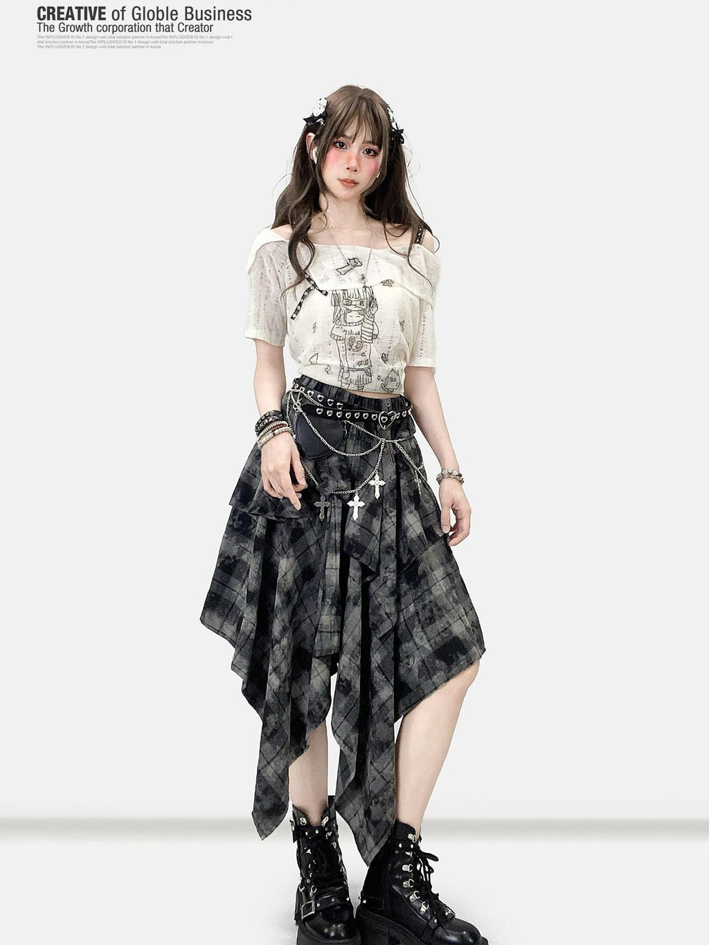 REDDACHIC Vintage Dark Plaid Ruffle Asymmetric Tie Dye Women'S Maxi Skirts