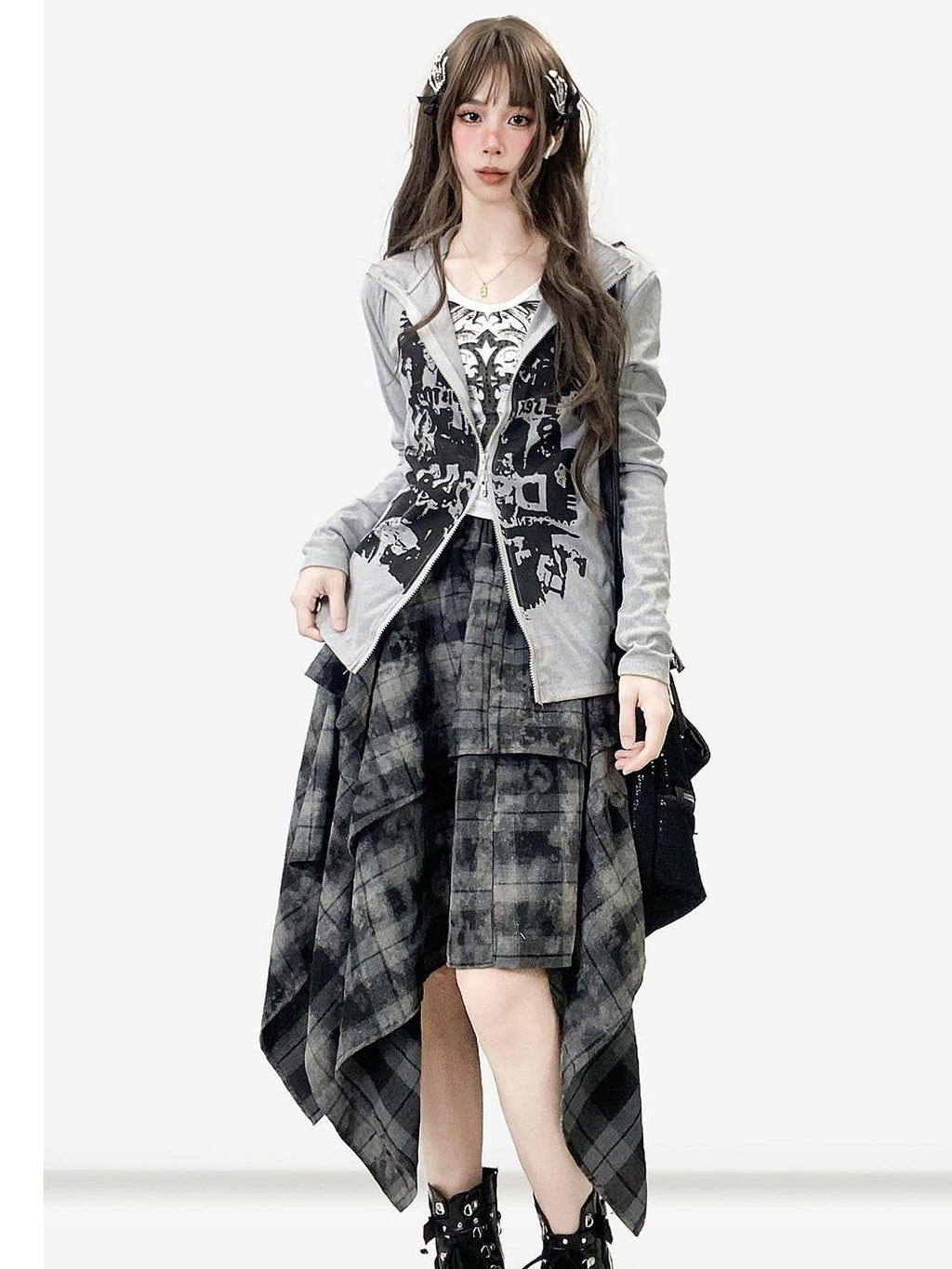 REDDACHIC Vintage Dark Plaid Ruffle Asymmetric Tie Dye Women'S Maxi Skirts