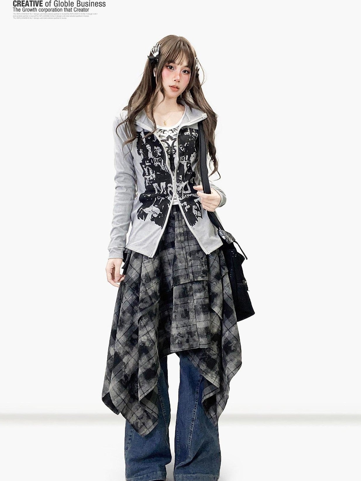 REDDACHIC Vintage Dark Plaid Ruffle Asymmetric Tie Dye Women'S Maxi Skirts