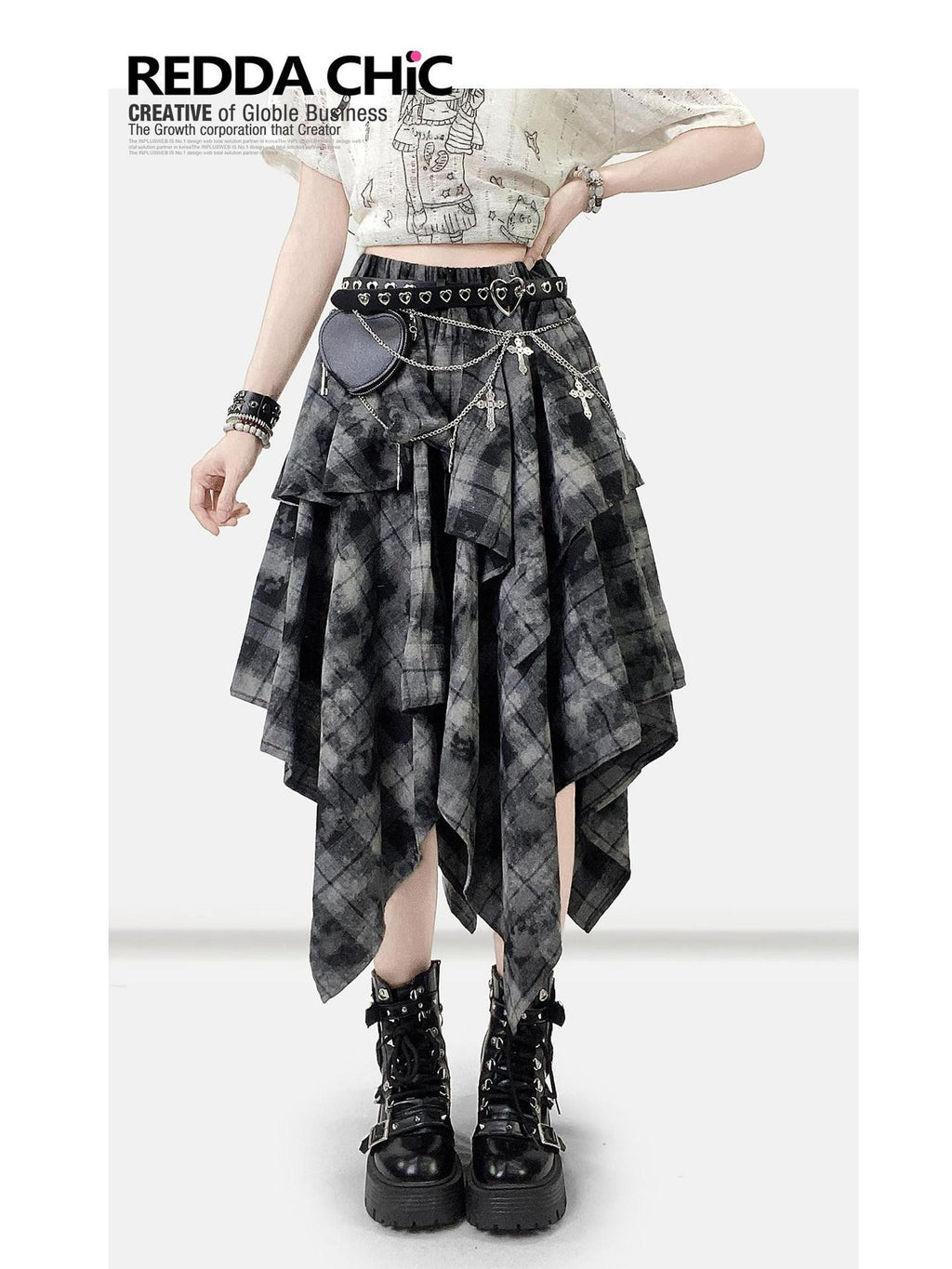 REDDACHIC Vintage Dark Plaid Ruffle Asymmetric Tie Dye Women'S Maxi Skirts