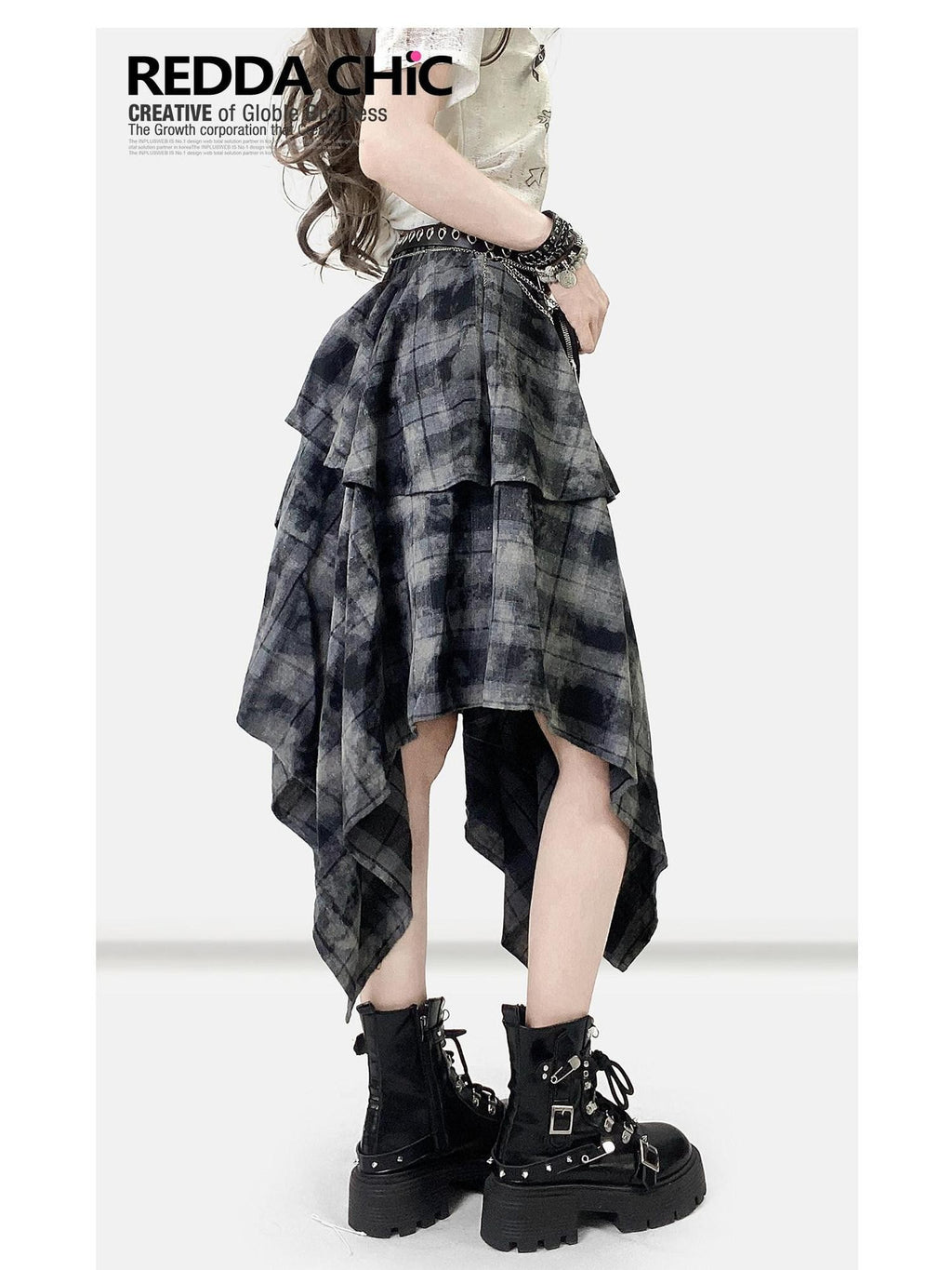 REDDACHIC Vintage Dark Plaid Ruffle Asymmetric Tie Dye Women'S Maxi Skirts