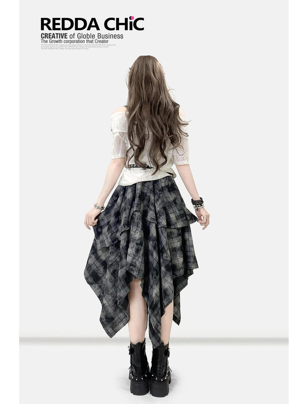 REDDACHIC Vintage Dark Plaid Ruffle Asymmetric Tie Dye Women'S Maxi Skirts