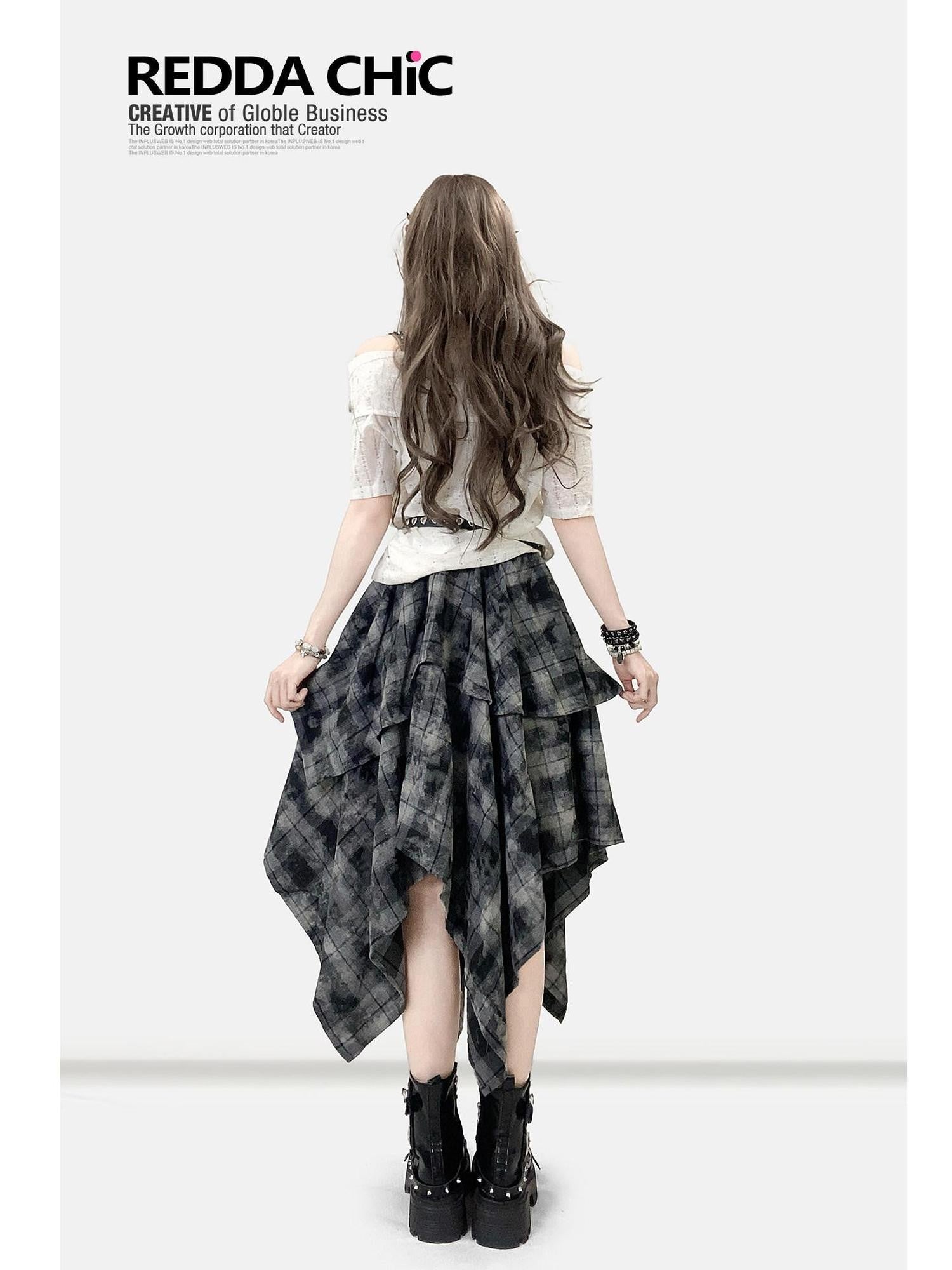 REDDACHIC Vintage Dark Plaid Ruffle Asymmetric Tie Dye Women'S Maxi Skirts