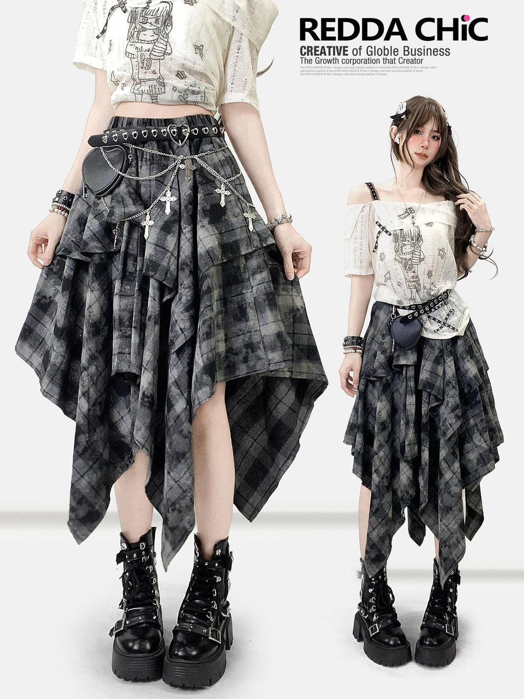 REDDACHIC Vintage Dark Plaid Ruffle Asymmetric Tie Dye Women'S Maxi Skirts